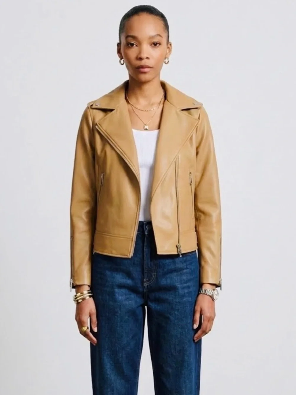New Michael Kors 100% Leather Moto Jacket Medium Camel Brown Flawed